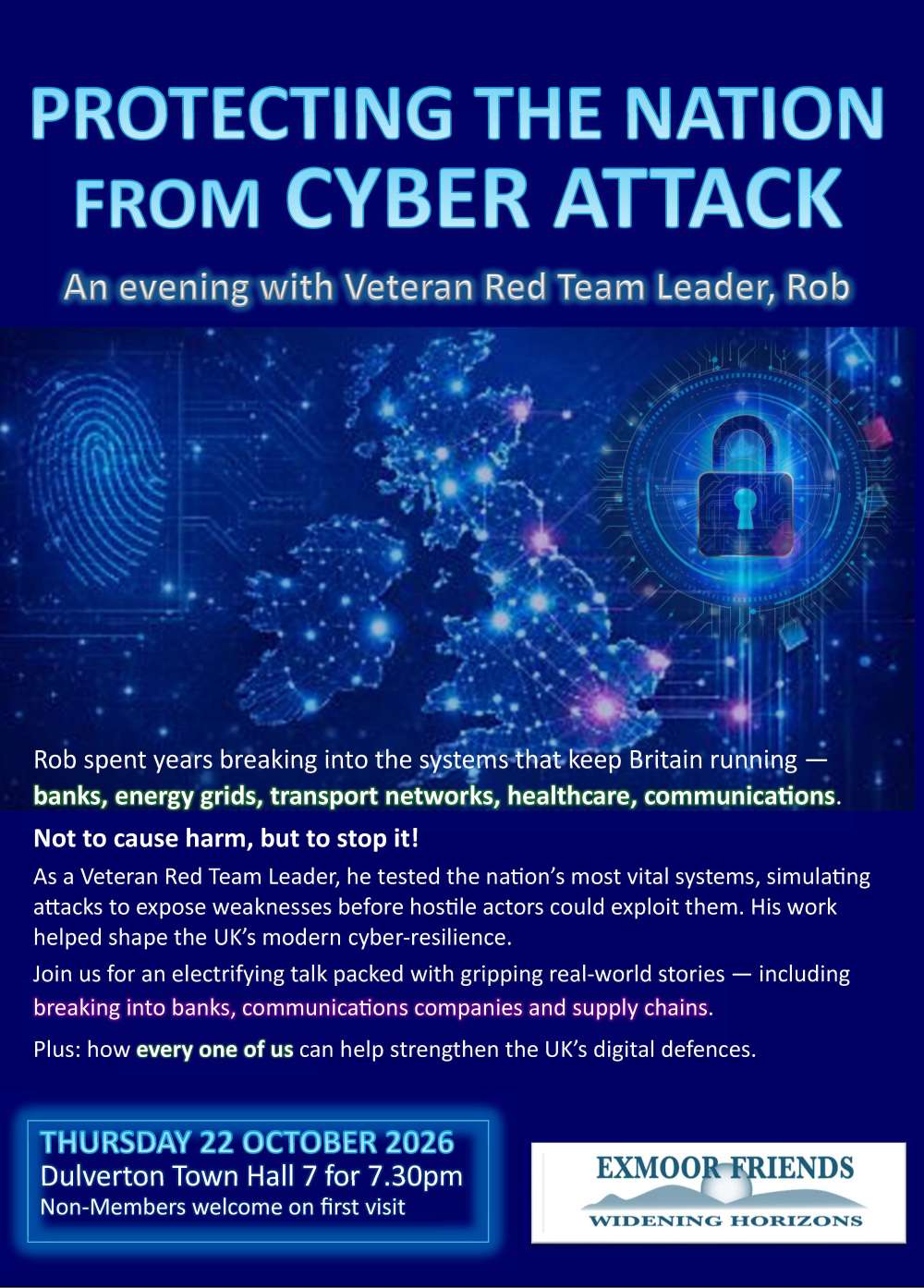 Poster advertising 'Protecting the Nation from Cyber Attack' talk at Dulverton Town Hall