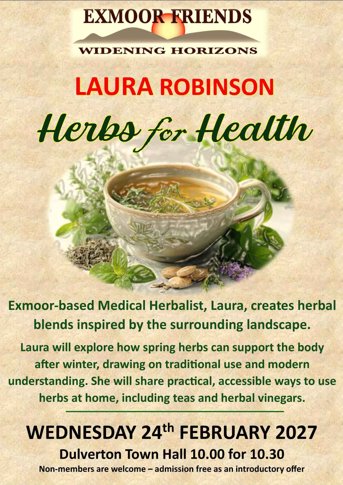 Poster advertising Laura Robinson's talk 'Herbs for Health'